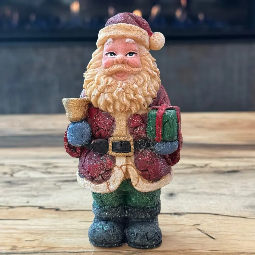 Vintage Style Old World Santa Claus Figurines Set of 3 Rustic Carved Wood Look